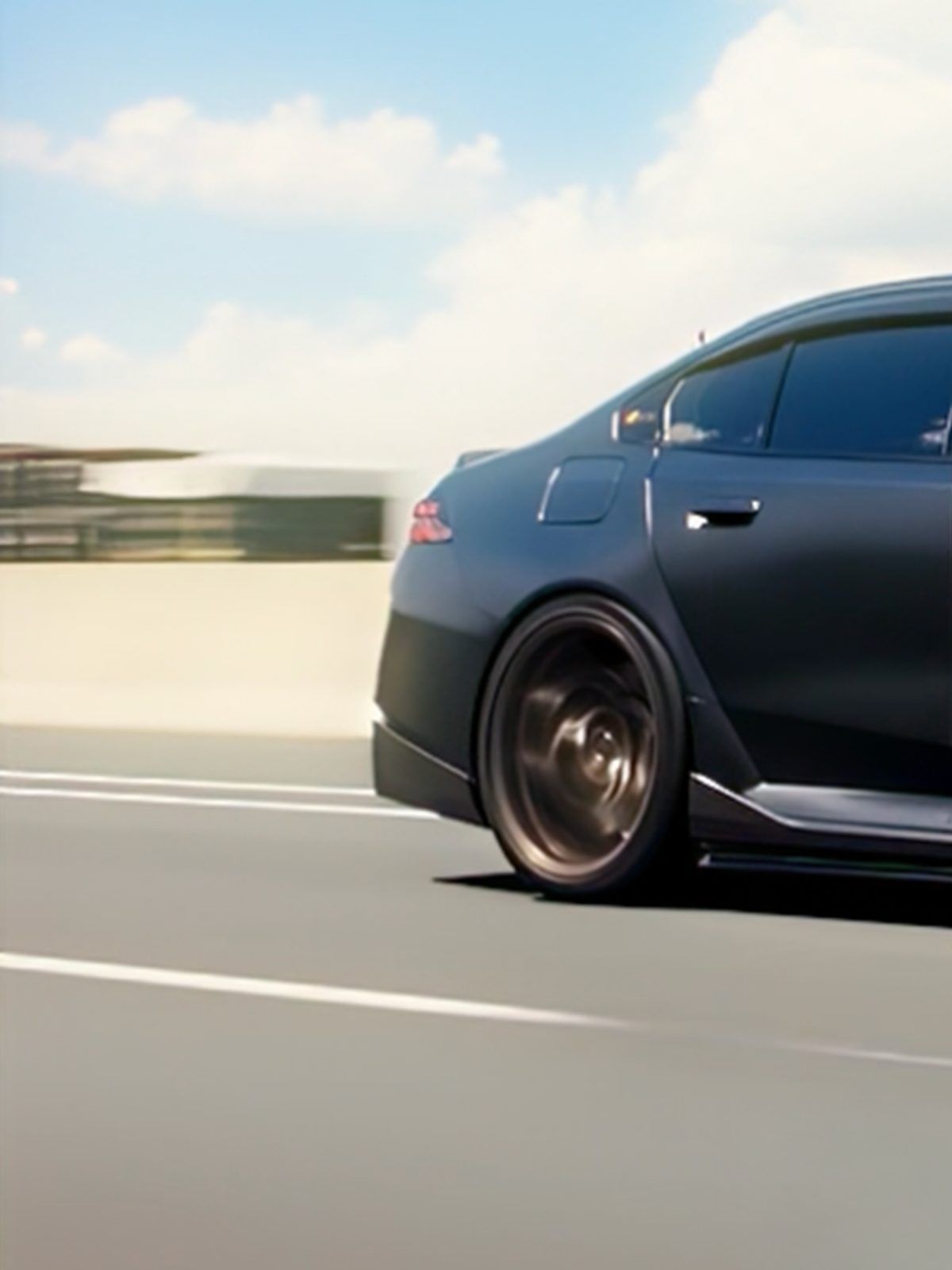 Dark grey sedan in motion on a sunny highway
